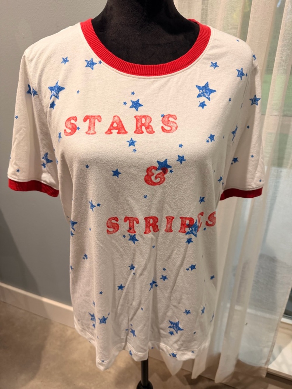 Mighty Fine Tee Blue Stars Red Ribbing collar and sleeves soft patriotic XL